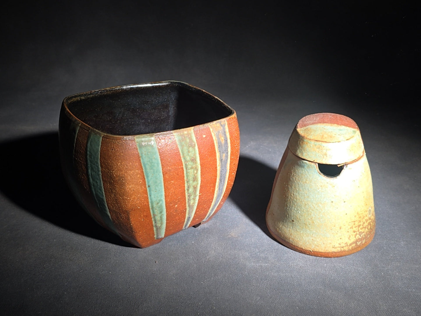 Pair of Vintage Studio Pottery Pieces including Squared Bowl with Striped Glaze and Lidded Jar