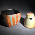 Lot 192 - Pair of Vintage Studio Pottery Pieces Including Squared Bowl with Striped Glaze and Lidded Jar