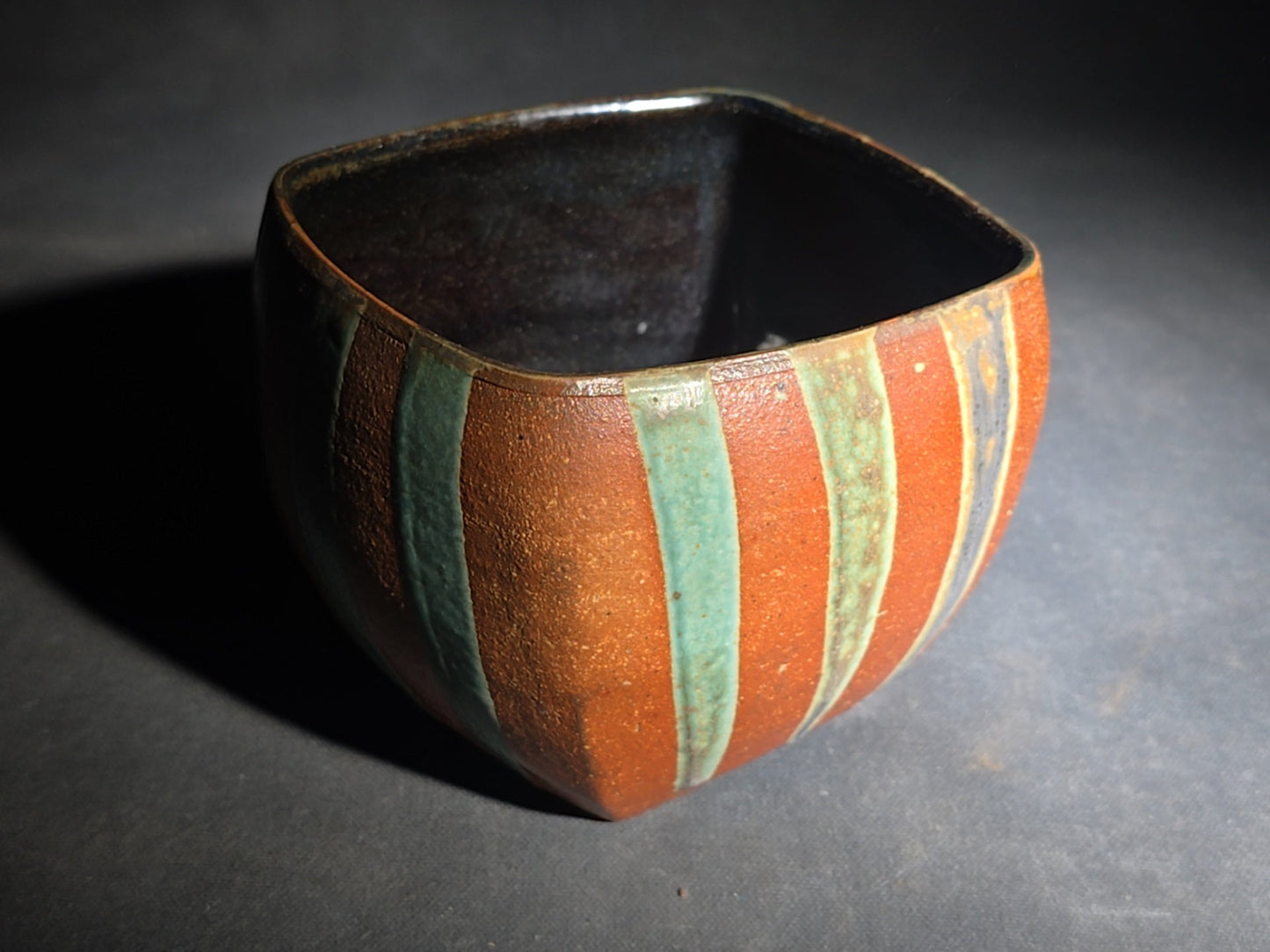 Pair of Vintage Studio Pottery Pieces including Squared Bowl with Striped Glaze and Lidded Jar
