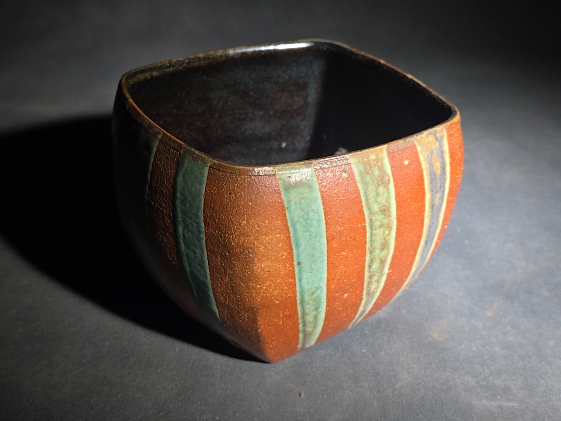 Pair of Vintage Studio Pottery Pieces including Squared Bowl with Striped Glaze and Lidded Jar