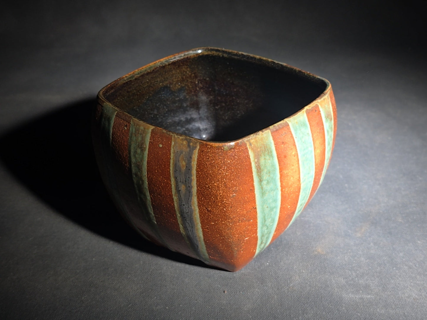 Pair of Vintage Studio Pottery Pieces including Squared Bowl with Striped Glaze and Lidded Jar