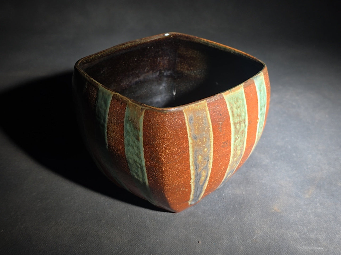 Pair of Vintage Studio Pottery Pieces including Squared Bowl with Striped Glaze and Lidded Jar