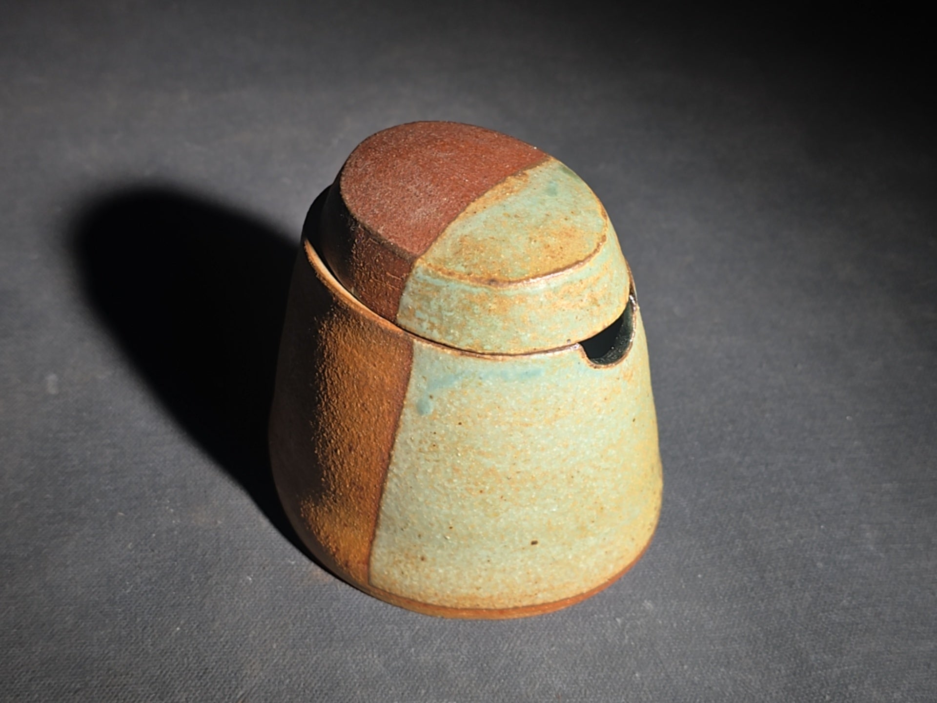 Pair of Vintage Studio Pottery Pieces including Squared Bowl with Striped Glaze and Lidded Jar