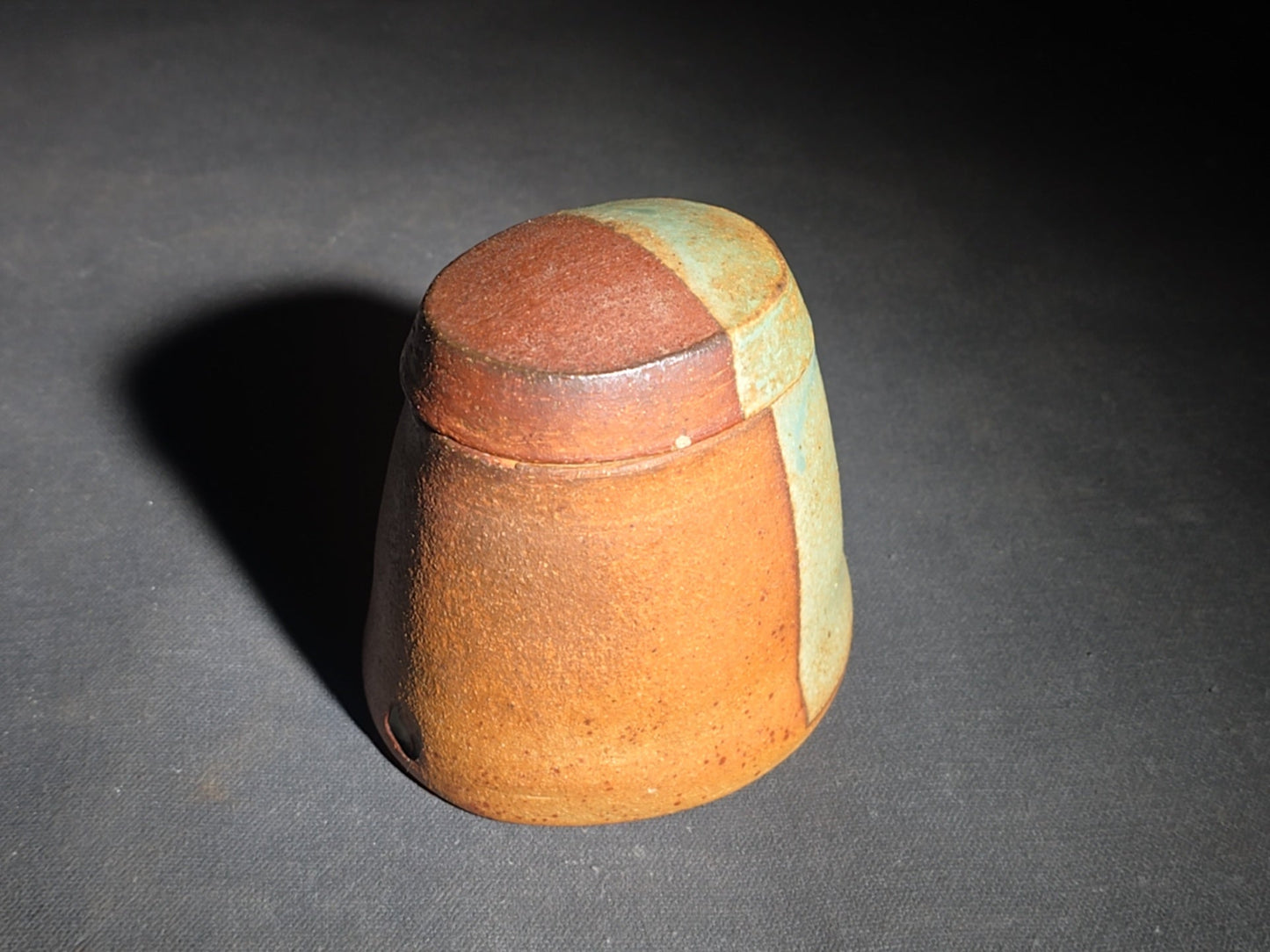Pair of Vintage Studio Pottery Pieces including Squared Bowl with Striped Glaze and Lidded Jar