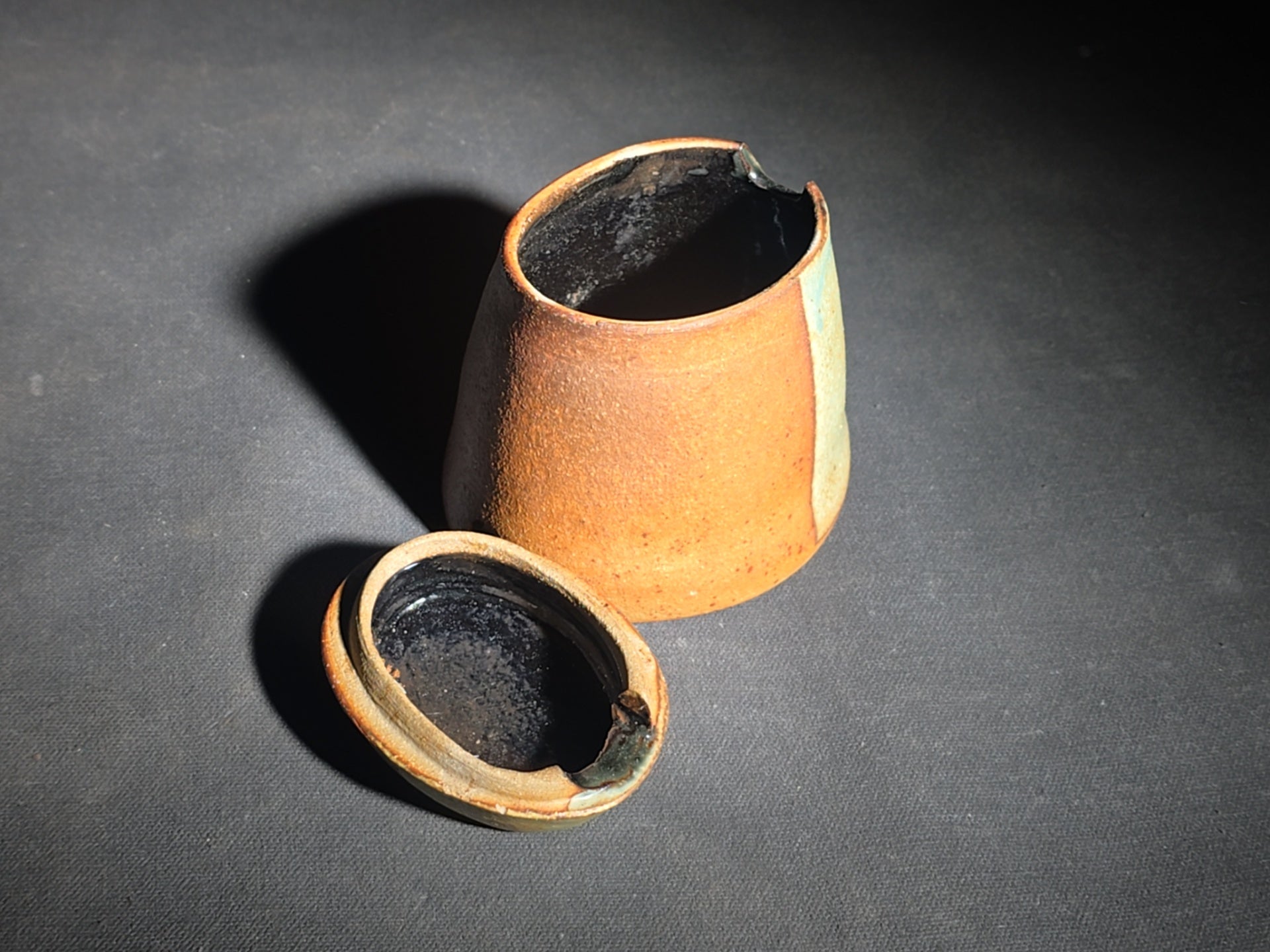 Pair of Vintage Studio Pottery Pieces including Squared Bowl with Striped Glaze and Lidded Jar