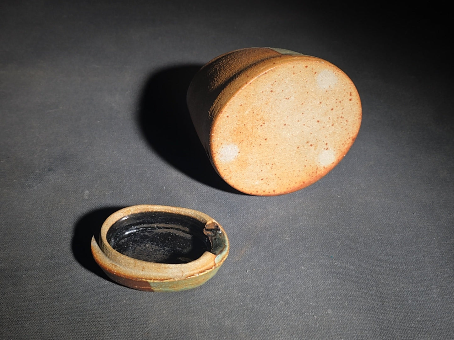 Pair of Vintage Studio Pottery Pieces including Squared Bowl with Striped Glaze and Lidded Jar