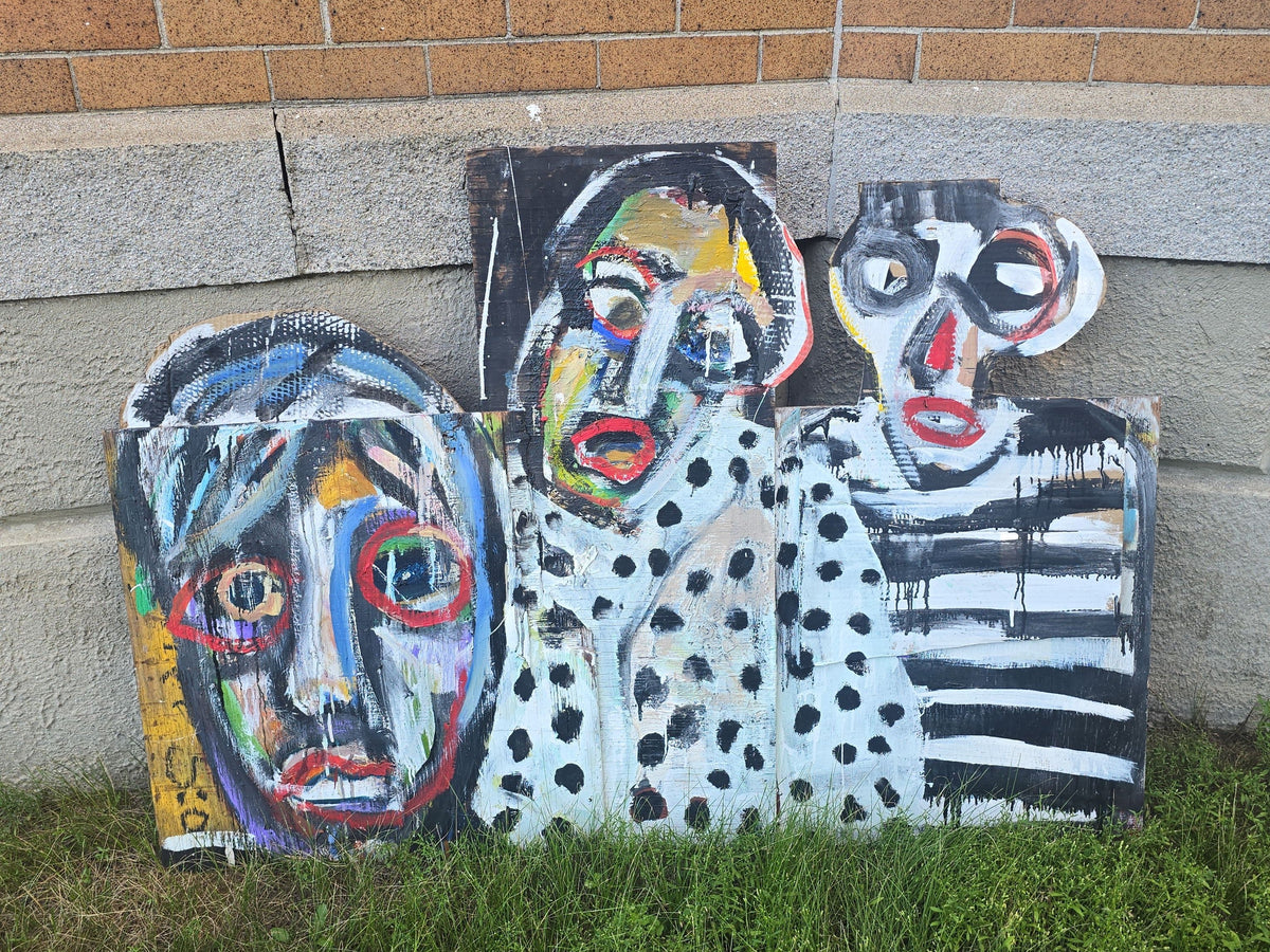 Vintage Folk Art Painting on Assembled Plywood and Cardboard, Three Figures, Unsigned