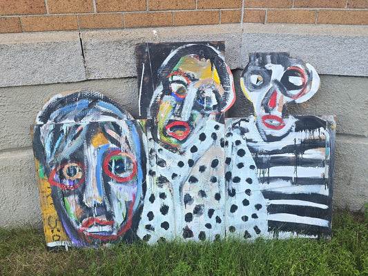 Vintage Folk Art Painting on Assembled Plywood and Cardboard, Three Figures, Unsigned