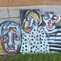 Lot 057 - Vintage Folk Art Painting on Assembled Plywood and Cardboard, Three Figures, Unsigned, 53" W x 37" H