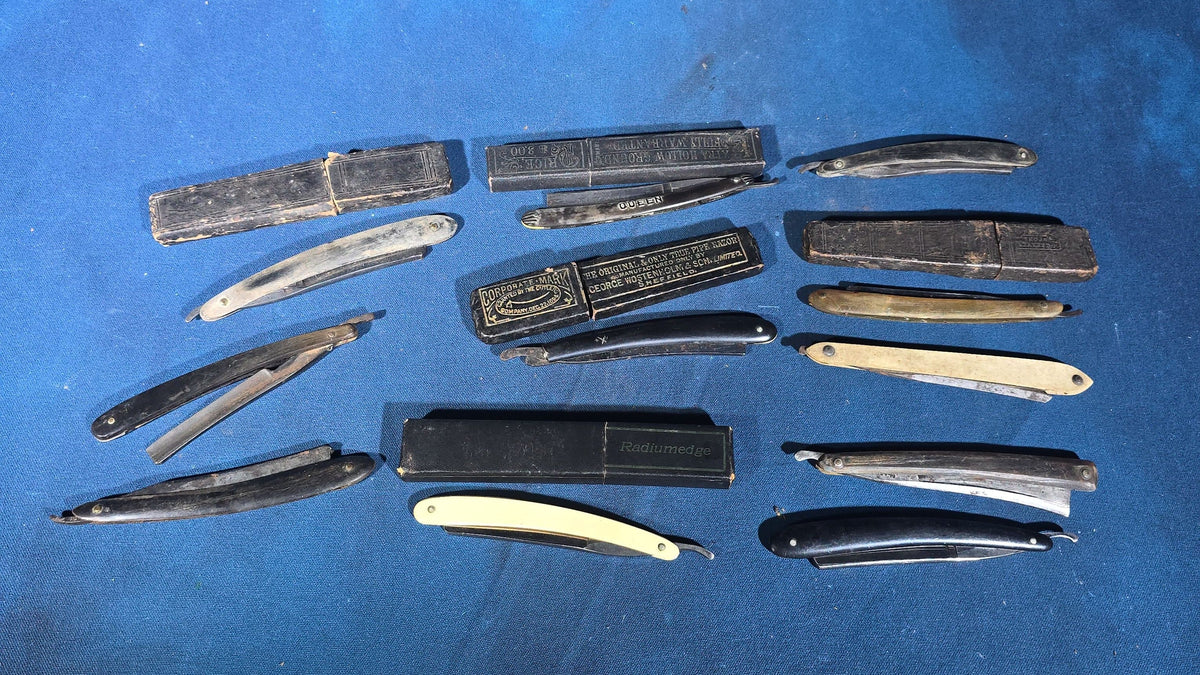 Grouping of 11 Antique and Vintage Straight Razors including George Wostenholm & Son Sheffield, Radiumedge, and Queen, Some with Cases