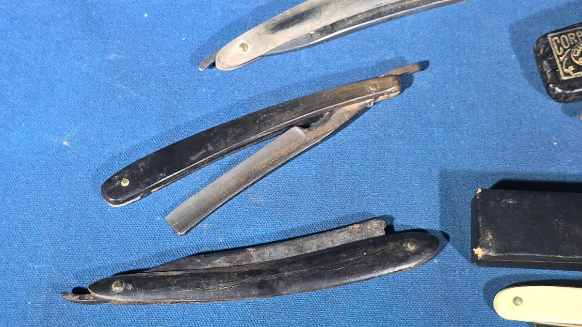 Grouping of 11 Antique and Vintage Straight Razors including George Wostenholm & Son Sheffield, Radiumedge, and Queen, Some with Cases
