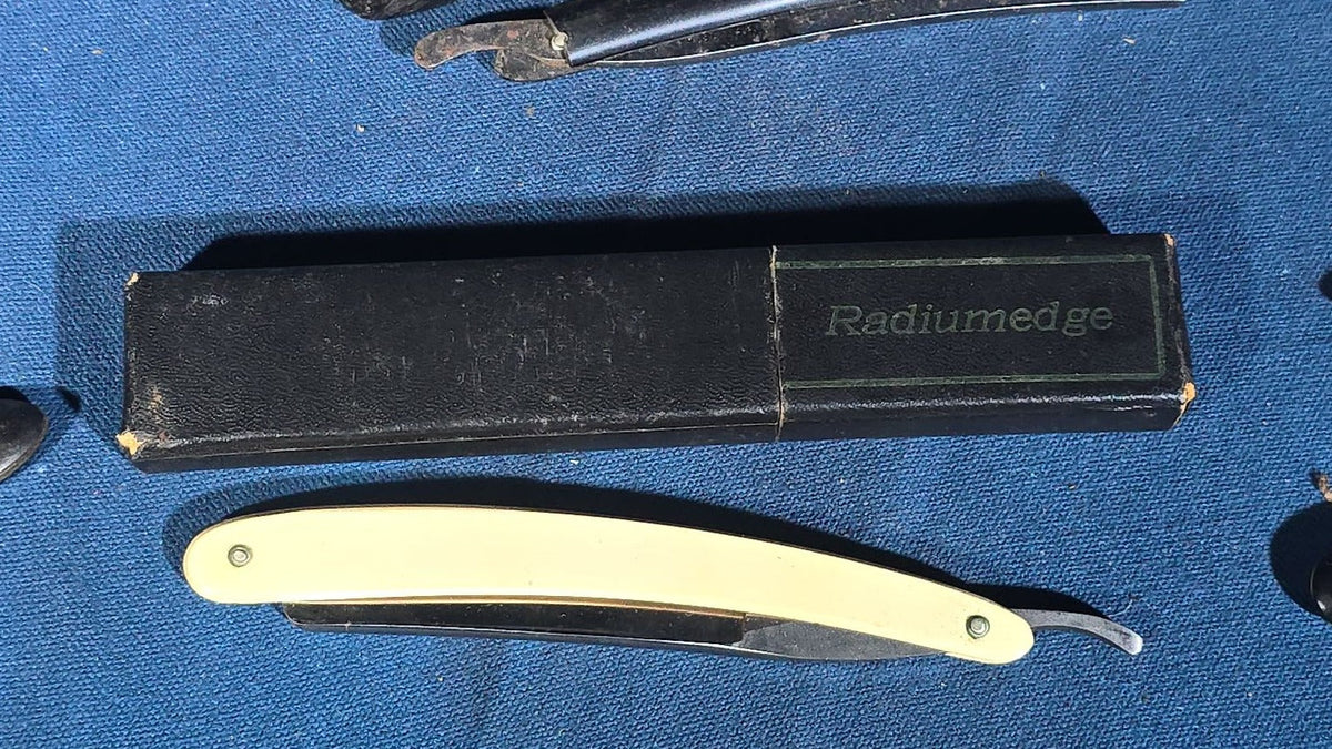 Grouping of 11 Antique and Vintage Straight Razors including George Wostenholm & Son Sheffield, Radiumedge, and Queen, Some with Cases