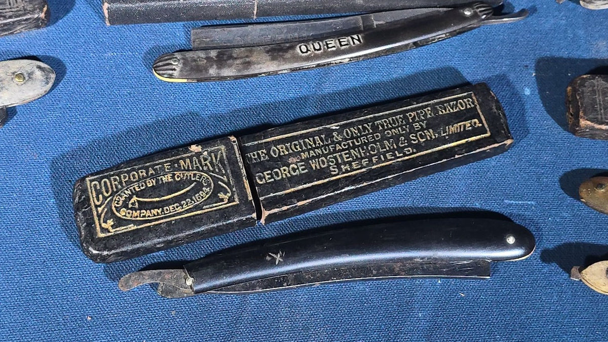 Grouping of 11 Antique and Vintage Straight Razors including George Wostenholm & Son Sheffield, Radiumedge, and Queen, Some with Cases