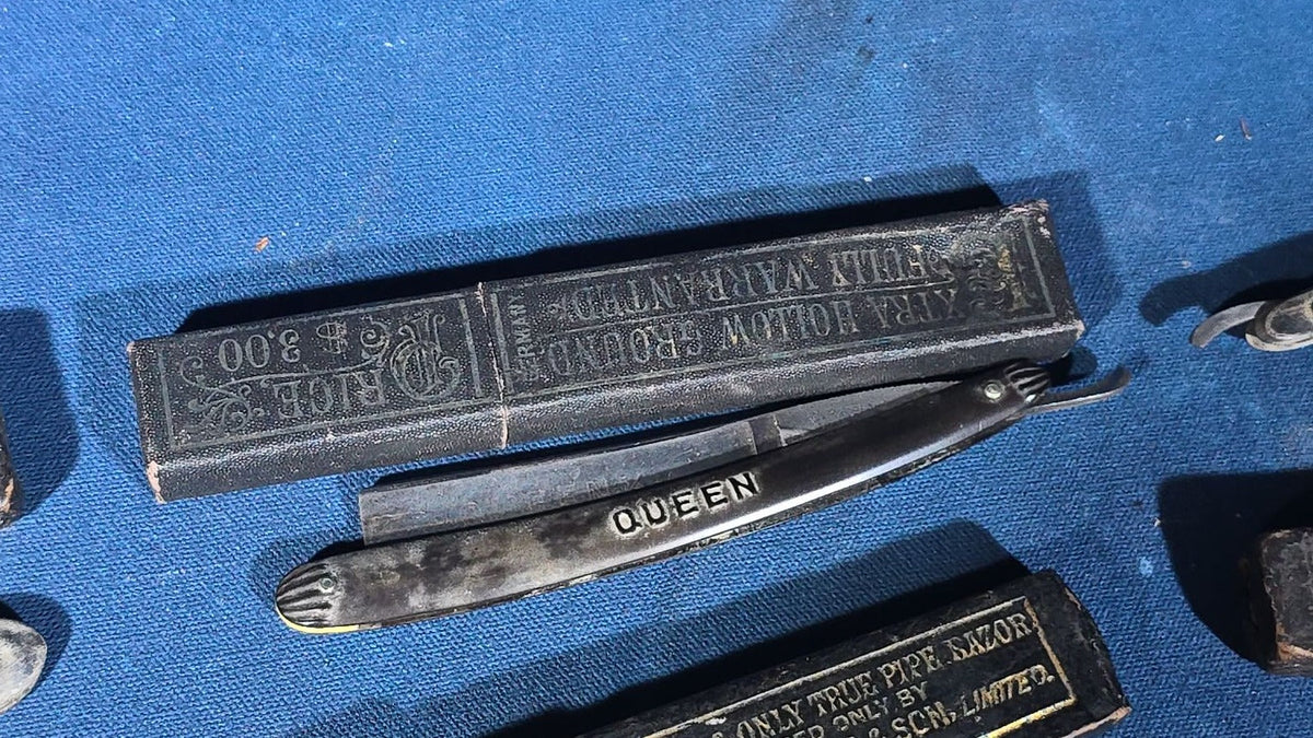 Grouping of 11 Antique and Vintage Straight Razors including George Wostenholm & Son Sheffield, Radiumedge, and Queen, Some with Cases