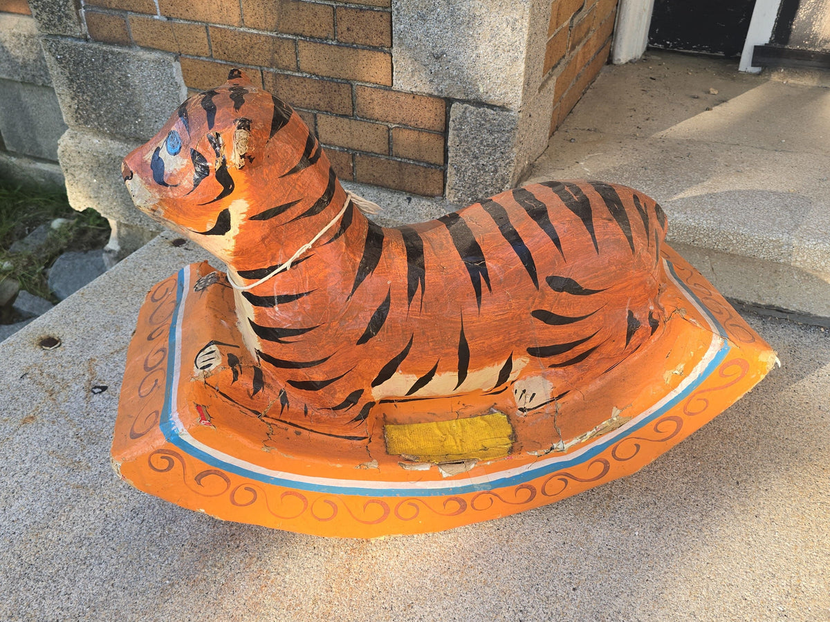 Vintage Hand-Painted Papier-Mache Rocking Tiger Children's Toy