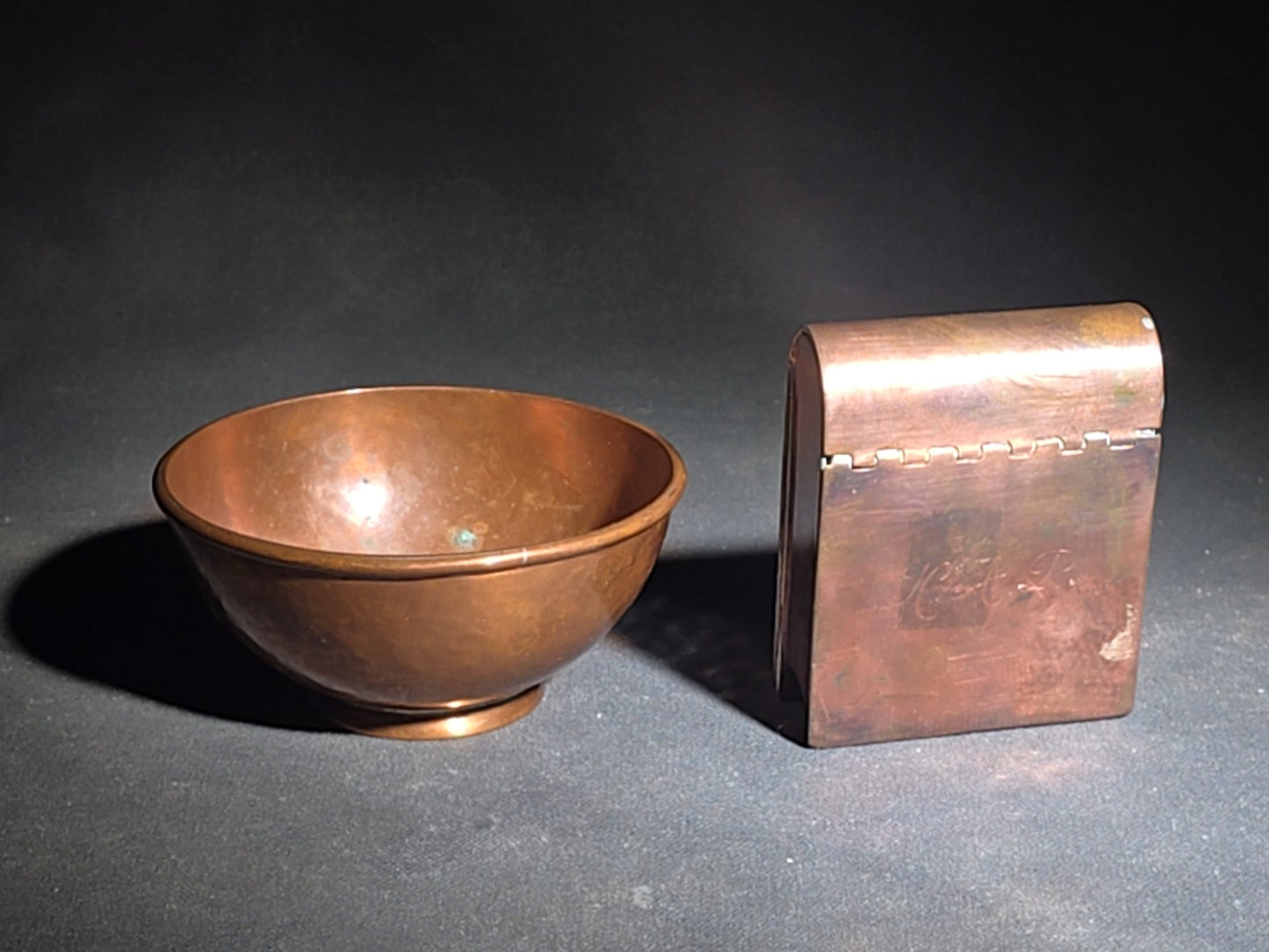 Pair of Vintage Hand-Wrought Copper Pieces including Footed Bowl by A.C. Barton and Monogrammed Snuff Box