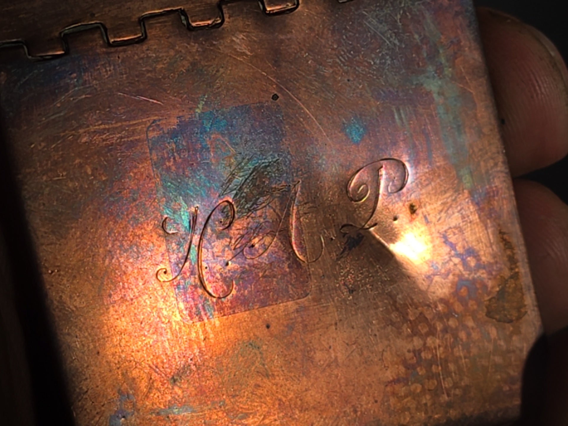 Pair of Vintage Hand-Wrought Copper Pieces including Footed Bowl by A.C. Barton and Monogrammed Snuff Box