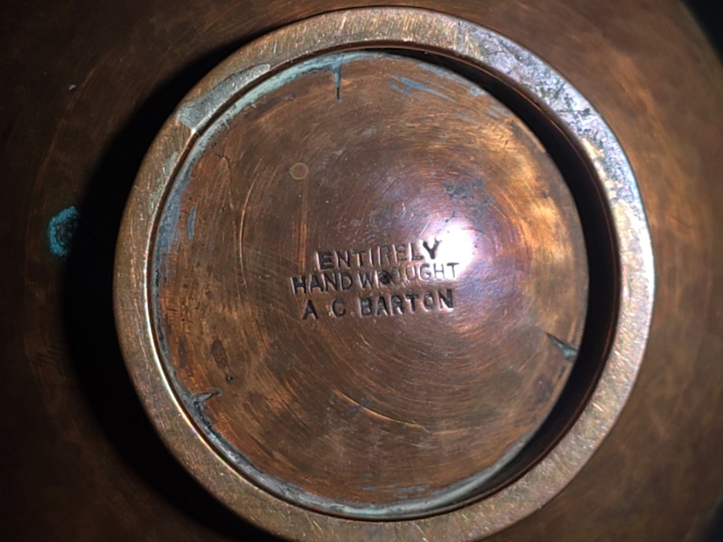 Pair of Vintage Hand-Wrought Copper Pieces including Footed Bowl by A.C. Barton and Monogrammed Snuff Box