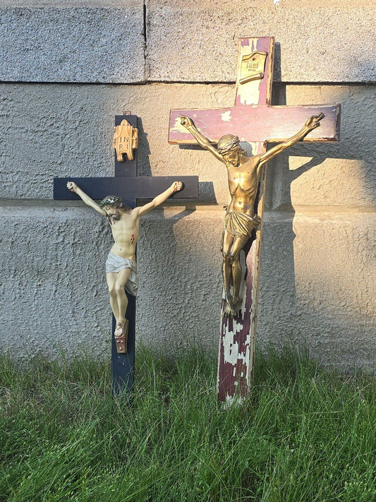 Pair of Vintage Wall Crucifixes with Chalkware and Metal Corpus Figures