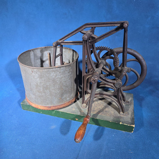 Antique Cast Iron Hand-Crank Mixer on Green-Painted Wood Base with Tin Bucket and Turned Wood Handle