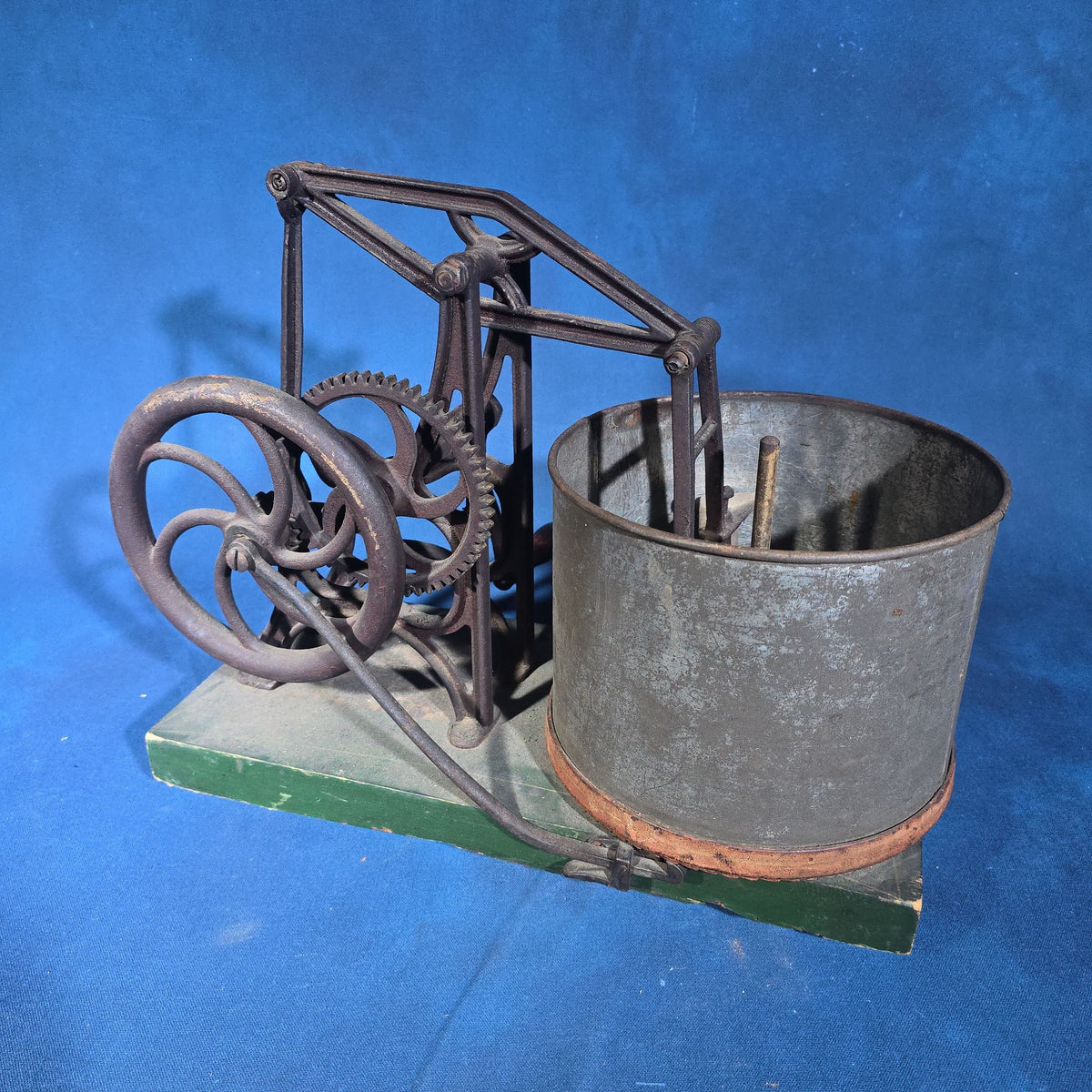 Antique Cast Iron Hand-Crank Mixer on Green-Painted Wood Base with Tin Bucket and Turned Wood Handle