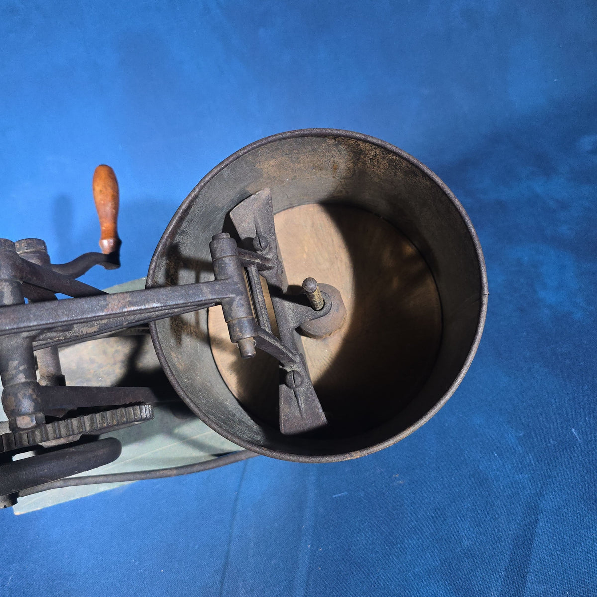 Antique Cast Iron Hand-Crank Mixer on Green-Painted Wood Base with Tin Bucket and Turned Wood Handle