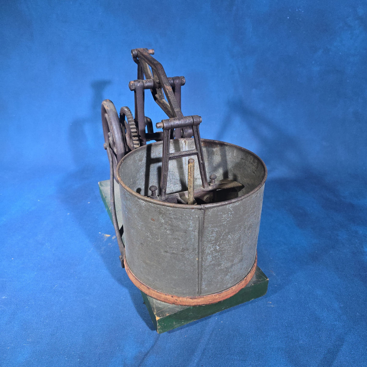 Antique Cast Iron Hand-Crank Mixer on Green-Painted Wood Base with Tin Bucket and Turned Wood Handle