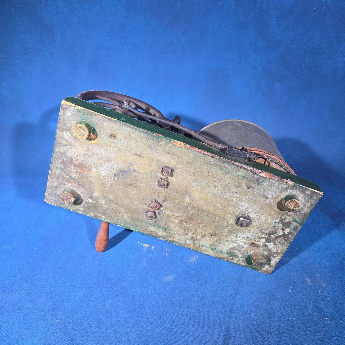 Antique Cast Iron Hand-Crank Mixer on Green-Painted Wood Base with Tin Bucket and Turned Wood Handle