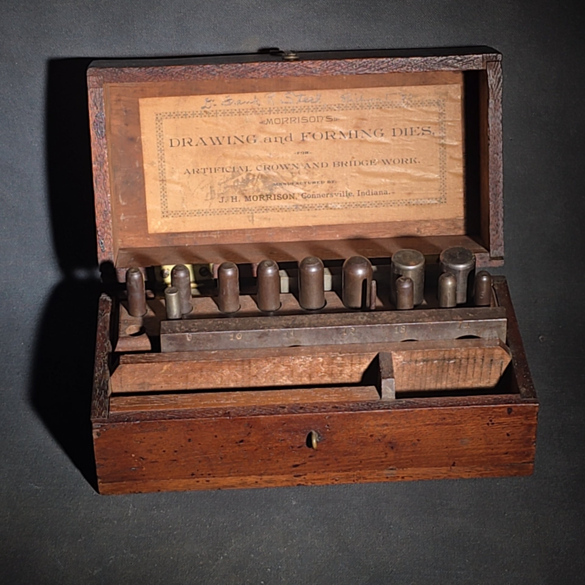 Antique Morrison's Drawing and Forming Dies for Artificial Crown and Bridge Work in Fitted Wood Case, Dental Tool Manufactured by J.H. Morrison, Connersville, Indiana, Inscribed "Dr. Frank R. Steel, Richmond"