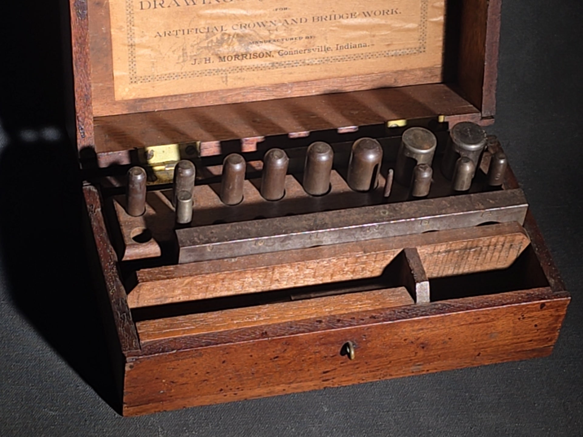 Antique Morrison's Drawing and Forming Dies for Artificial Crown and Bridge Work in Fitted Wood Case, Dental Tool Manufactured by J.H. Morrison, Connersville, Indiana, Inscribed "Dr. Frank R. Steel, Richmond"