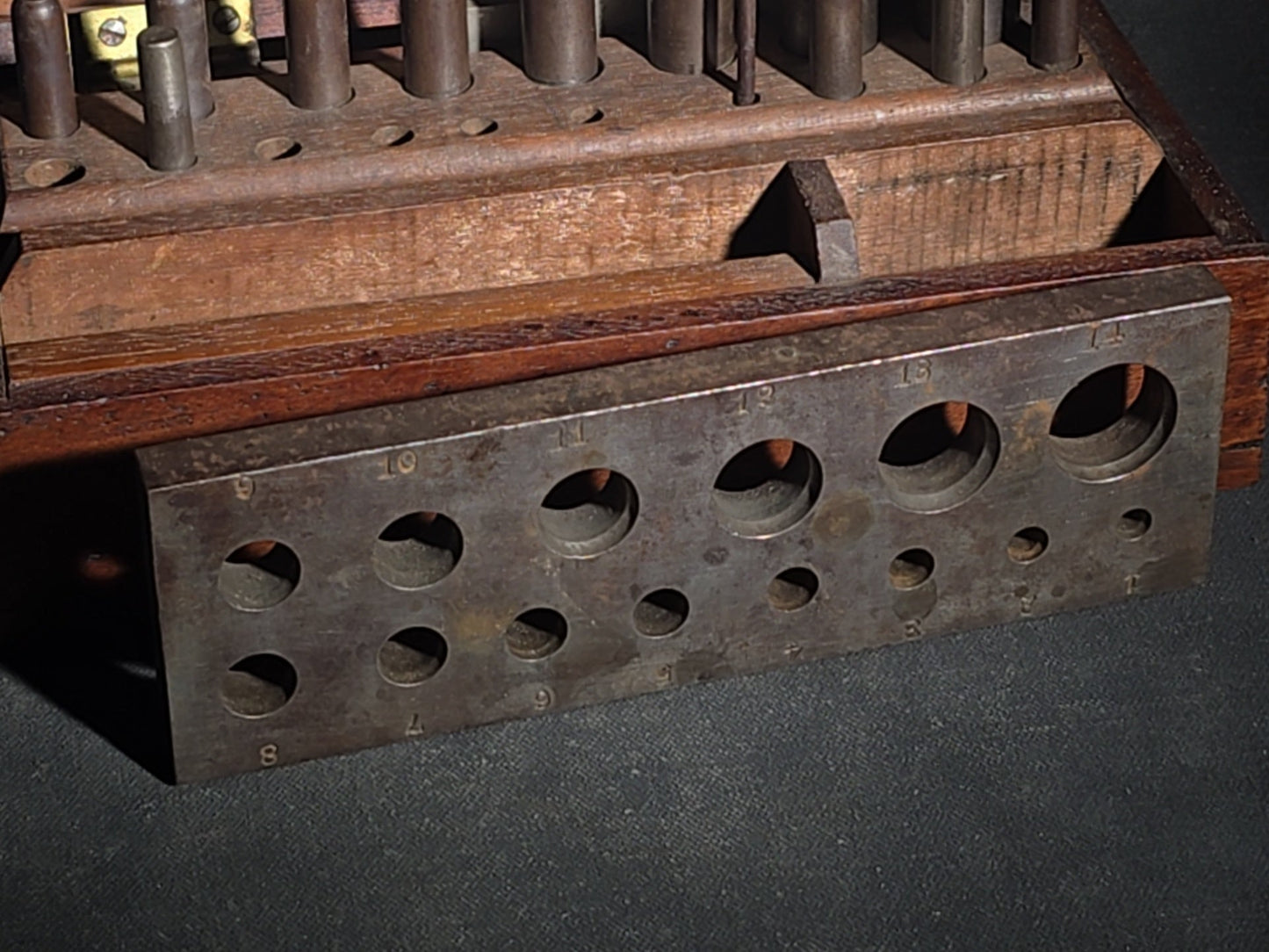 Antique Morrison's Drawing and Forming Dies for Artificial Crown and Bridge Work in Fitted Wood Case, Dental Tool Manufactured by J.H. Morrison, Connersville, Indiana, Inscribed "Dr. Frank R. Steel, Richmond"