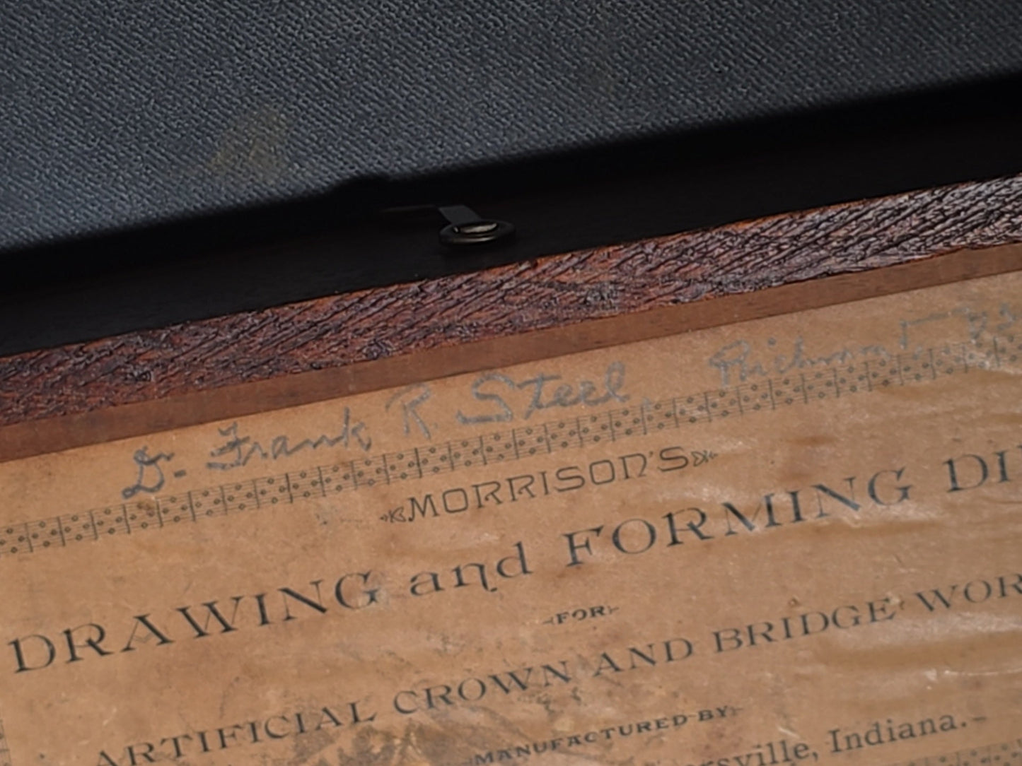Antique Morrison's Drawing and Forming Dies for Artificial Crown and Bridge Work in Fitted Wood Case, Dental Tool Manufactured by J.H. Morrison, Connersville, Indiana, Inscribed "Dr. Frank R. Steel, Richmond"