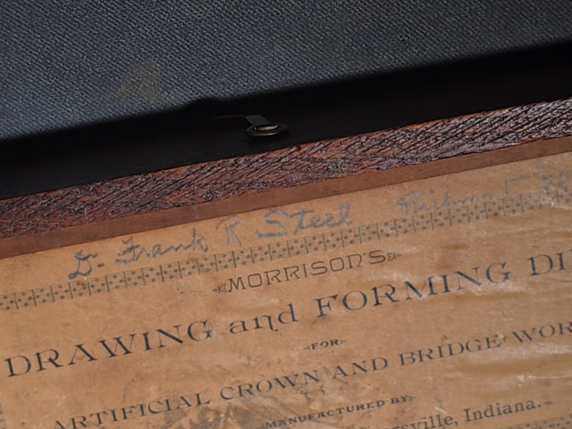 Antique Morrison's Drawing and Forming Dies for Artificial Crown and Bridge Work in Fitted Wood Case, Dental Tool Manufactured by J.H. Morrison, Connersville, Indiana, Inscribed "Dr. Frank R. Steel, Richmond"