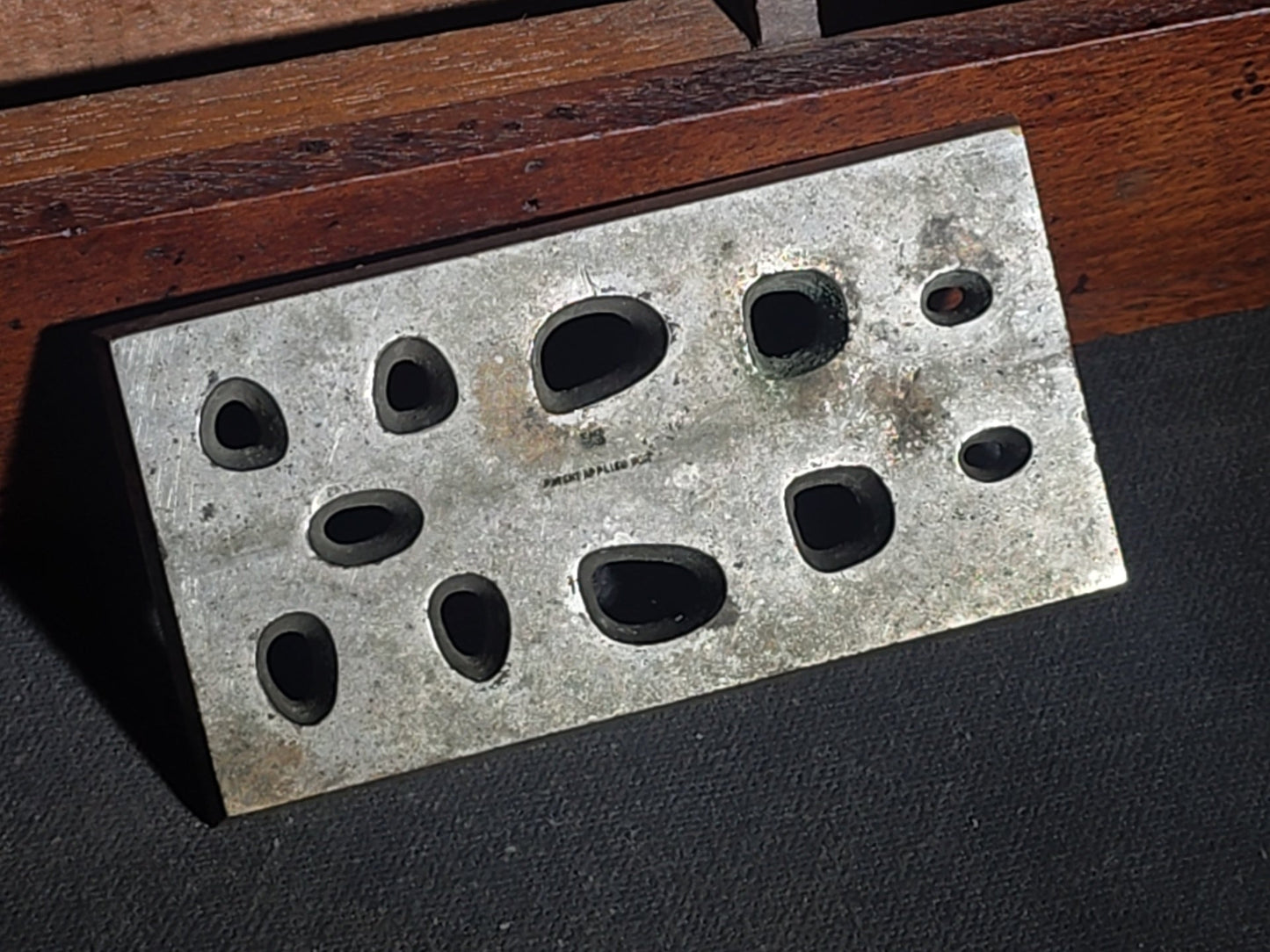 Antique Morrison's Drawing and Forming Dies for Artificial Crown and Bridge Work in Fitted Wood Case, Dental Tool Manufactured by J.H. Morrison, Connersville, Indiana, Inscribed "Dr. Frank R. Steel, Richmond"