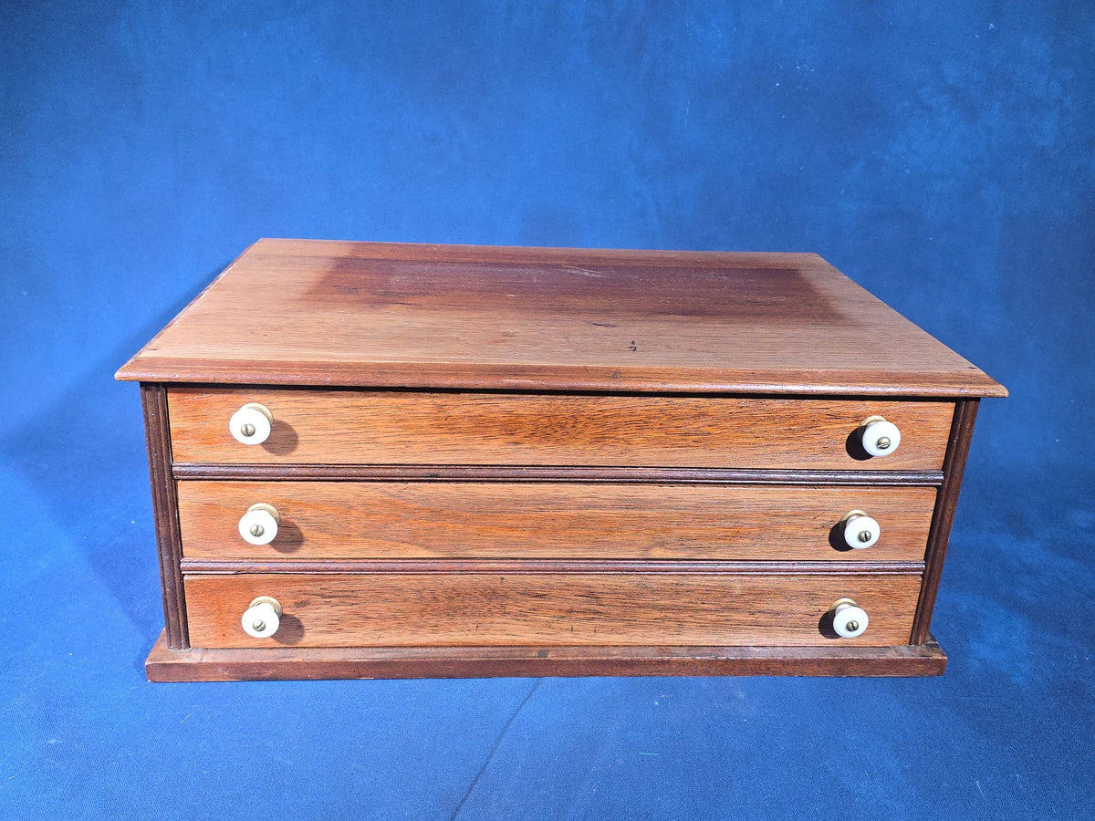 Antique Three-Drawer Spool Cabinet with Porcelain Knobs