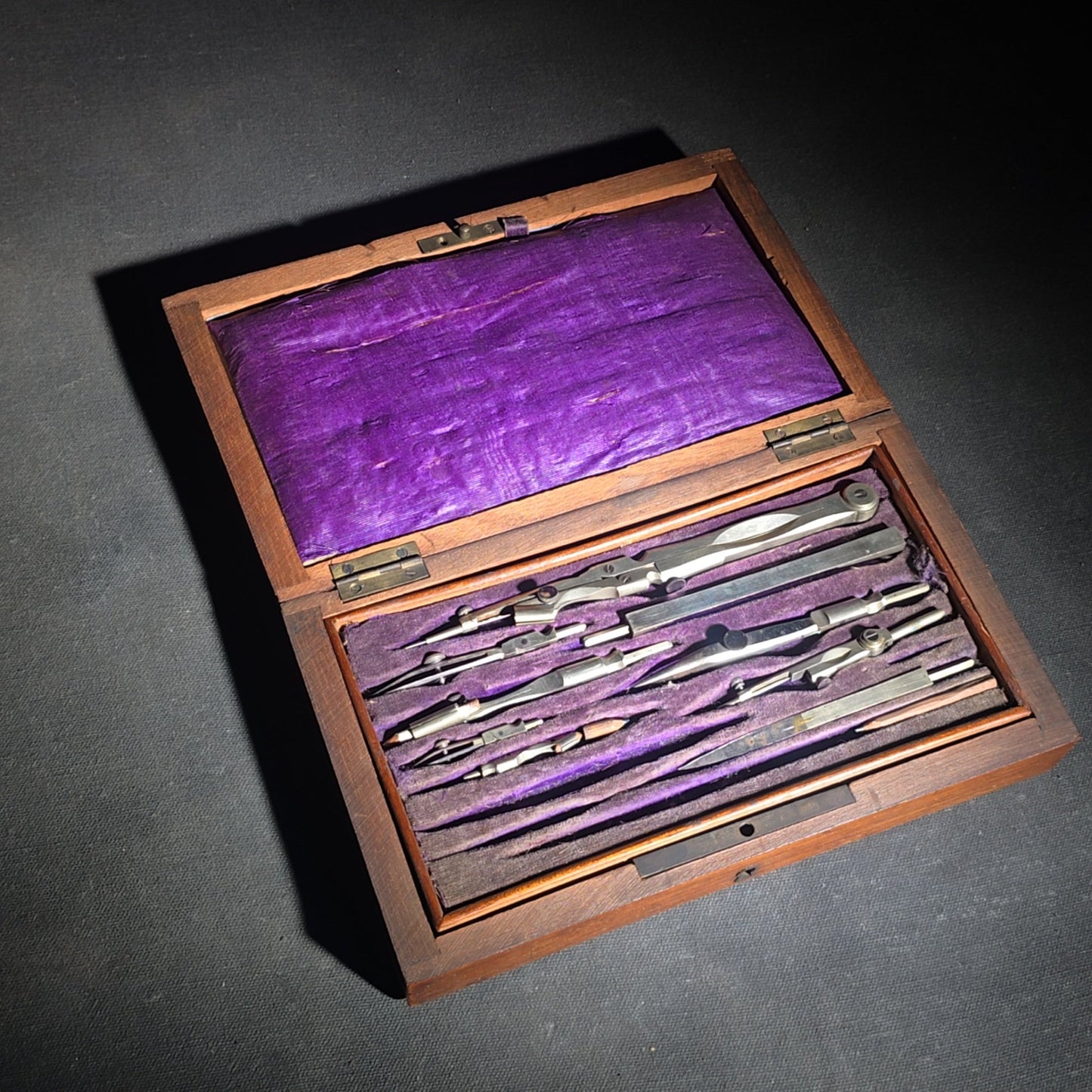 Antique Drafting Instrument Set in Wood Case with Purple Velvet Interior