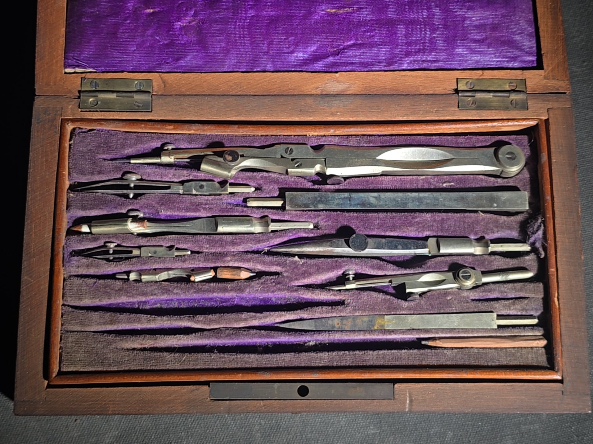 Antique Drafting Instrument Set in Wood Case with Purple Velvet Interior