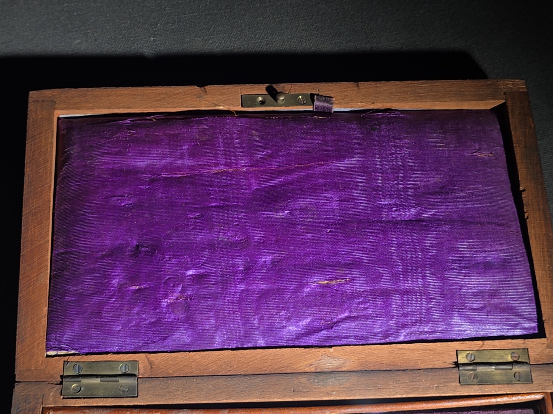 Antique Drafting Instrument Set in Wood Case with Purple Velvet Interior