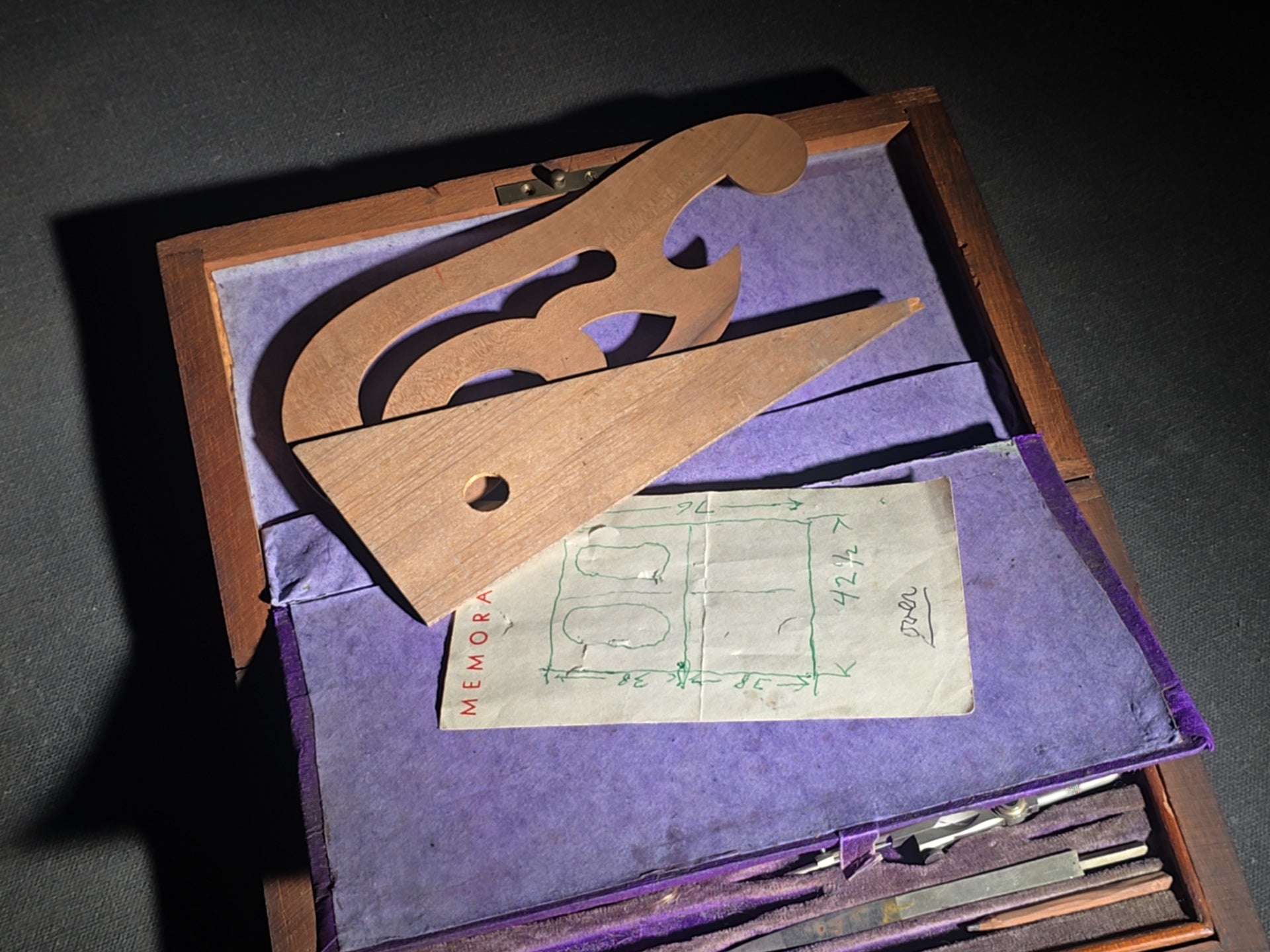 Antique Drafting Instrument Set in Wood Case with Purple Velvet Interior