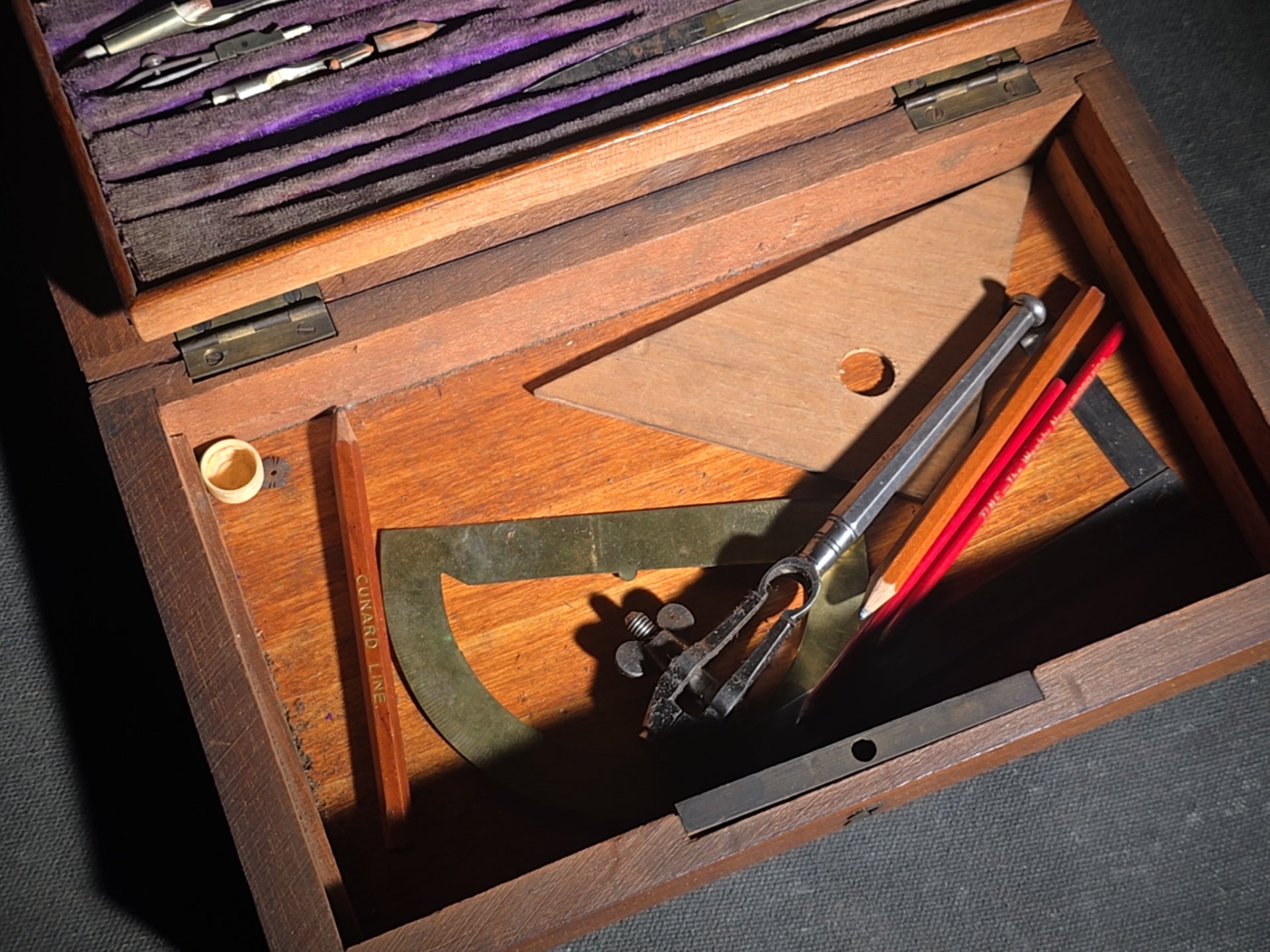 Antique Drafting Instrument Set in Wood Case with Purple Velvet Interior