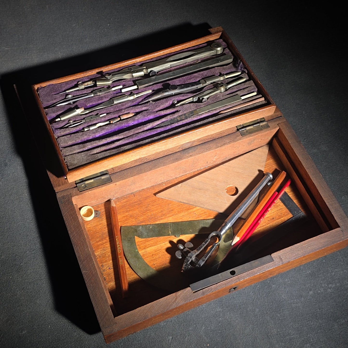 Antique Drafting Instrument Set in Wood Case with Purple Velvet Interior
