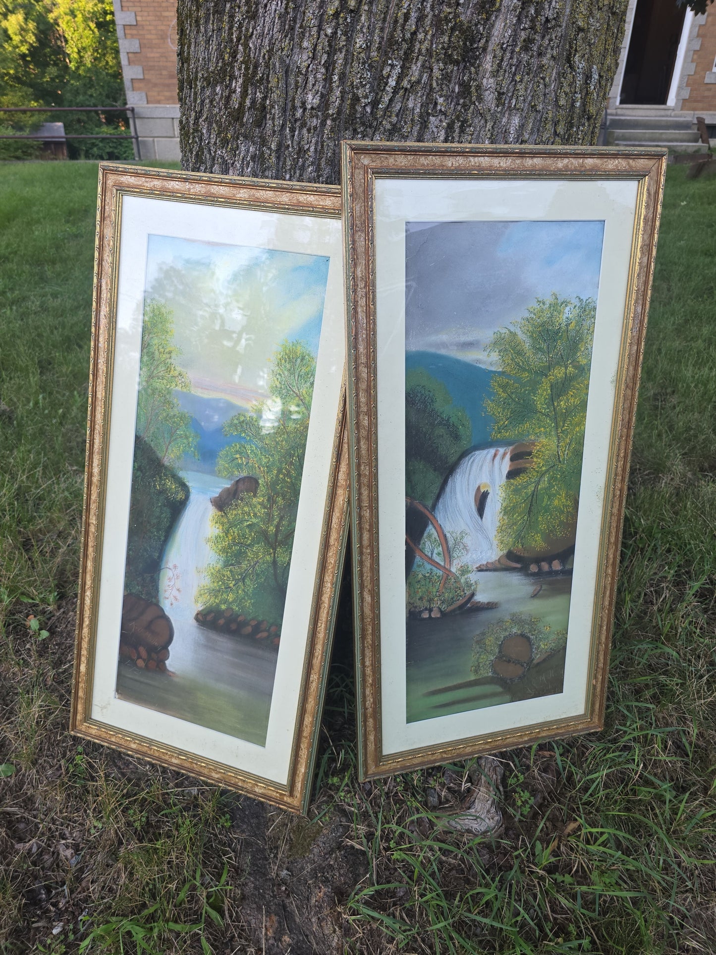 Pair of Antique Pastel Paintings on Paper, Waterfall Landscapes, Signed K. O'Malley, St. John School, Vermont, One Dated 1892, in Modern Frames