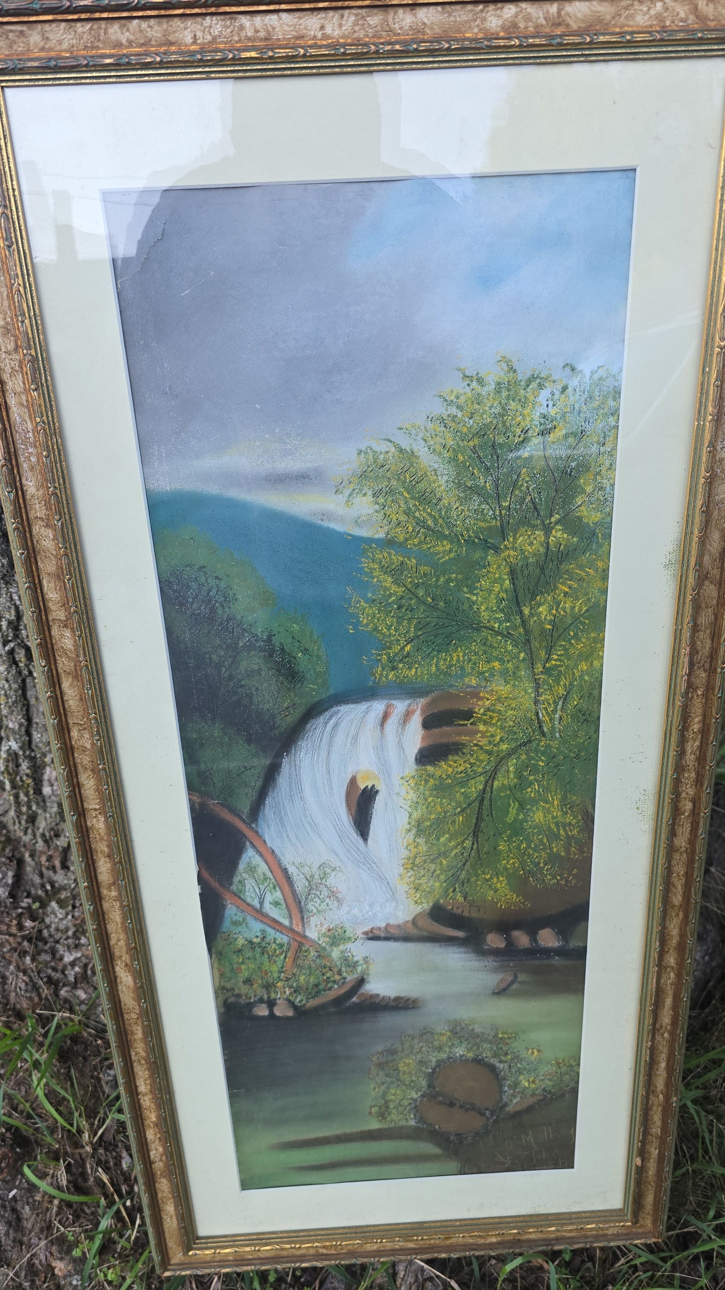 Pair of Antique Pastel Paintings on Paper, Waterfall Landscapes, Signed K. O'Malley, St. John School, Vermont, One Dated 1892, in Modern Frames