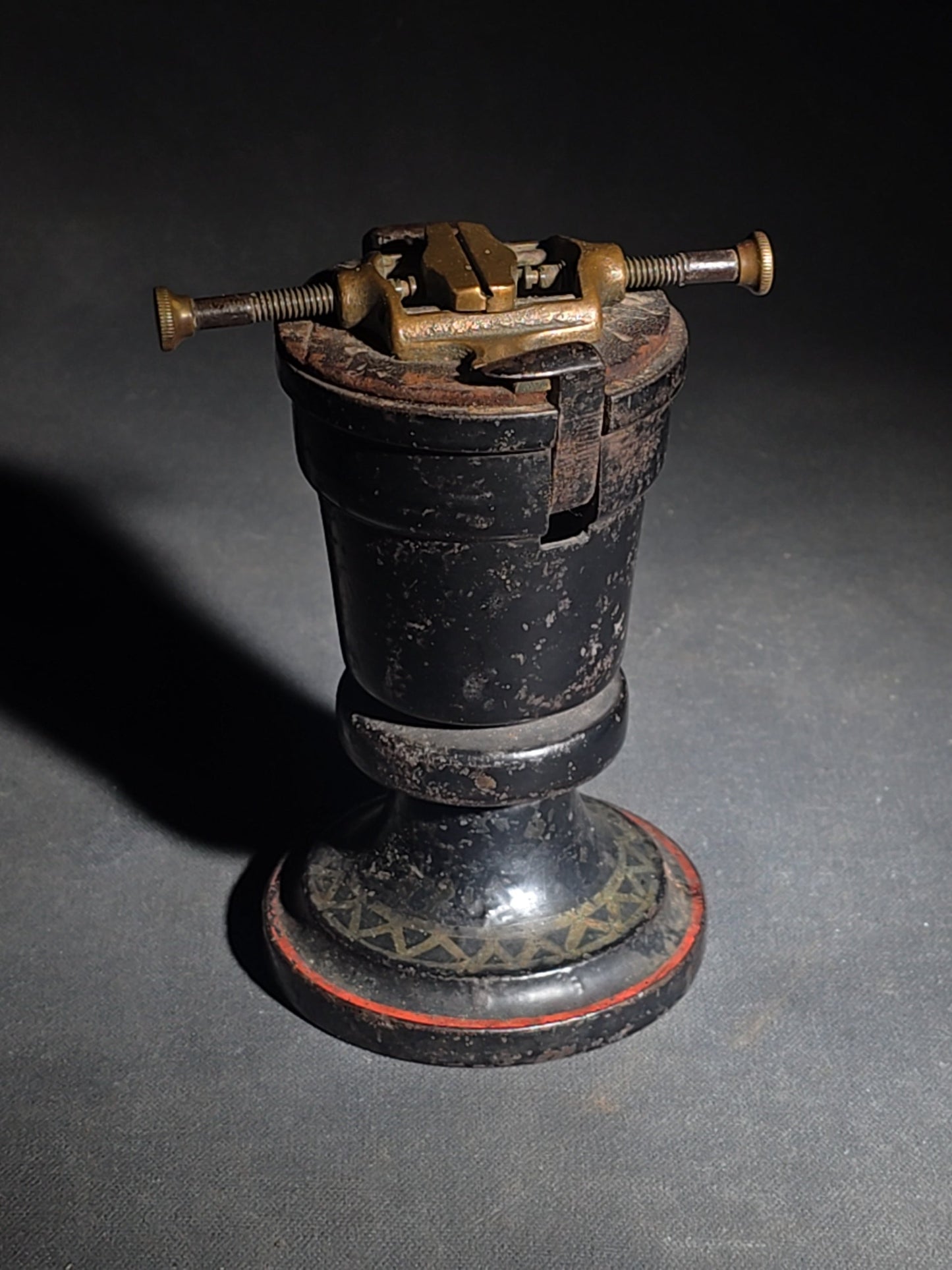 Antique Brass and Cast Iron Watchmaker's Pedestal Vise with Painted and Stenciled Base