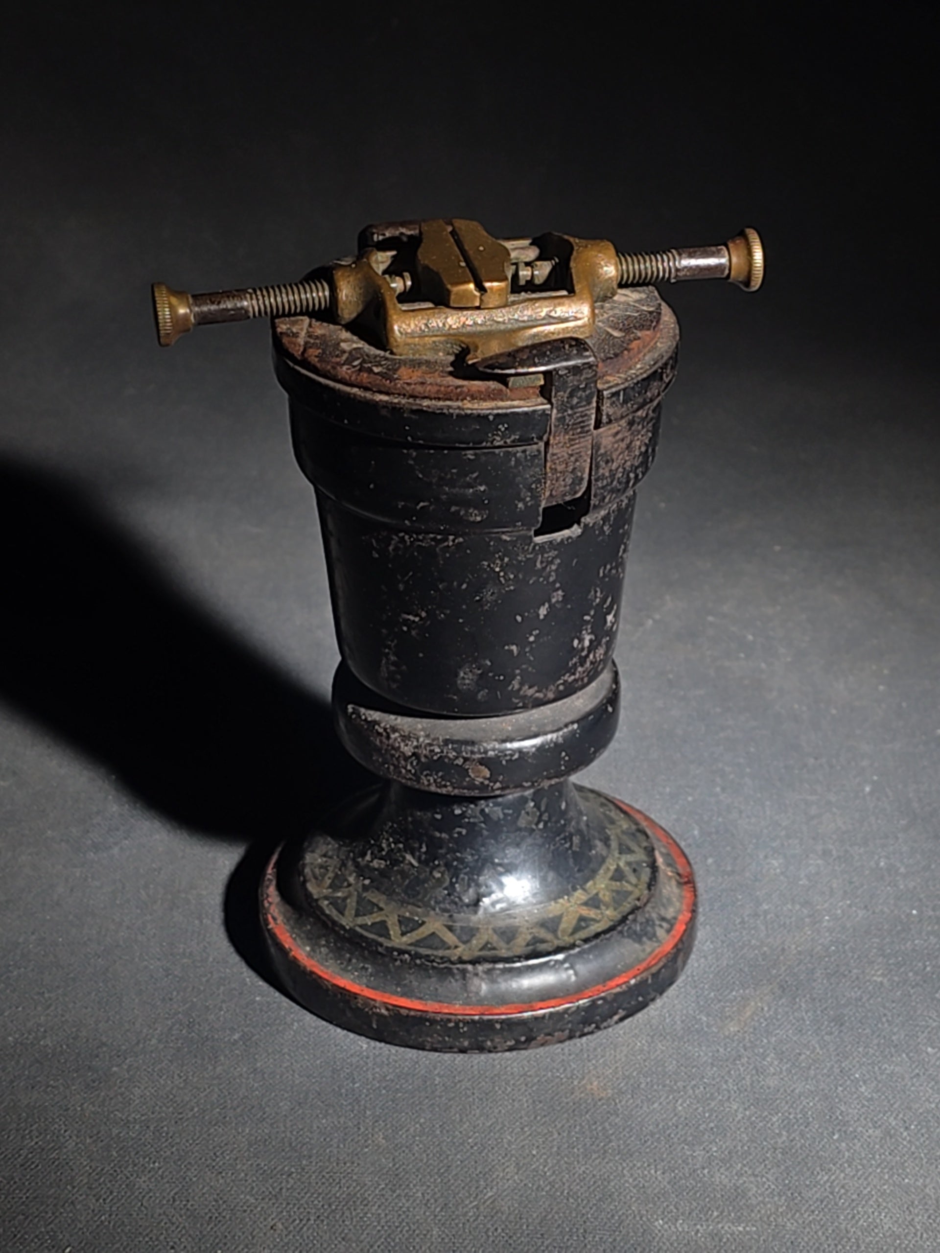 Antique Brass and Cast Iron Watchmaker's Pedestal Vise with Painted and Stenciled Base