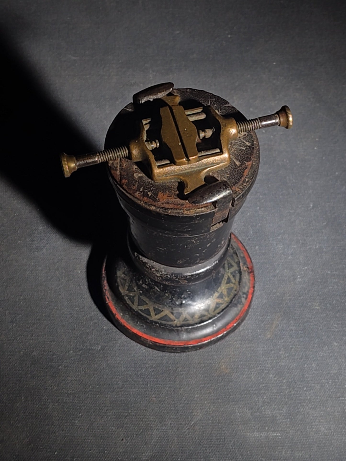 Antique Brass and Cast Iron Watchmaker's Pedestal Vise with Painted and Stenciled Base