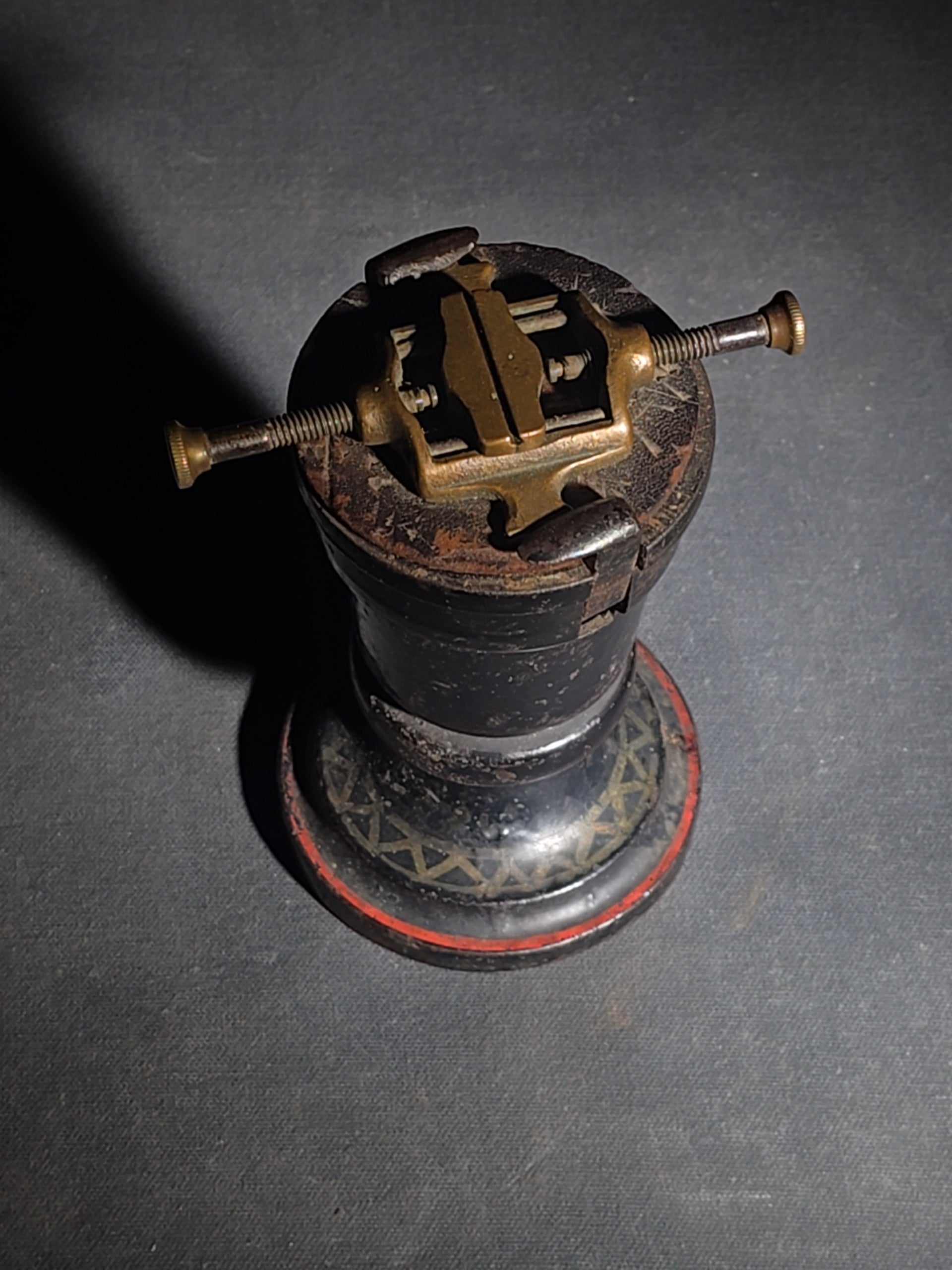 Antique Brass and Cast Iron Watchmaker's Pedestal Vise with Painted and Stenciled Base