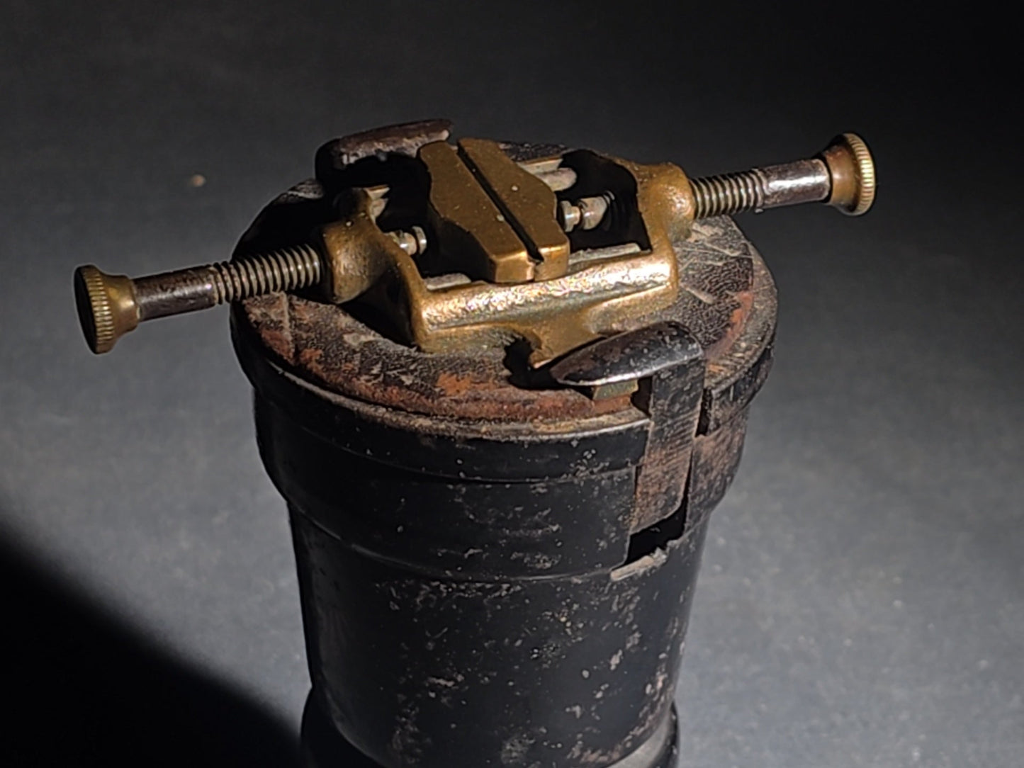 Antique Brass and Cast Iron Watchmaker's Pedestal Vise with Painted and Stenciled Base