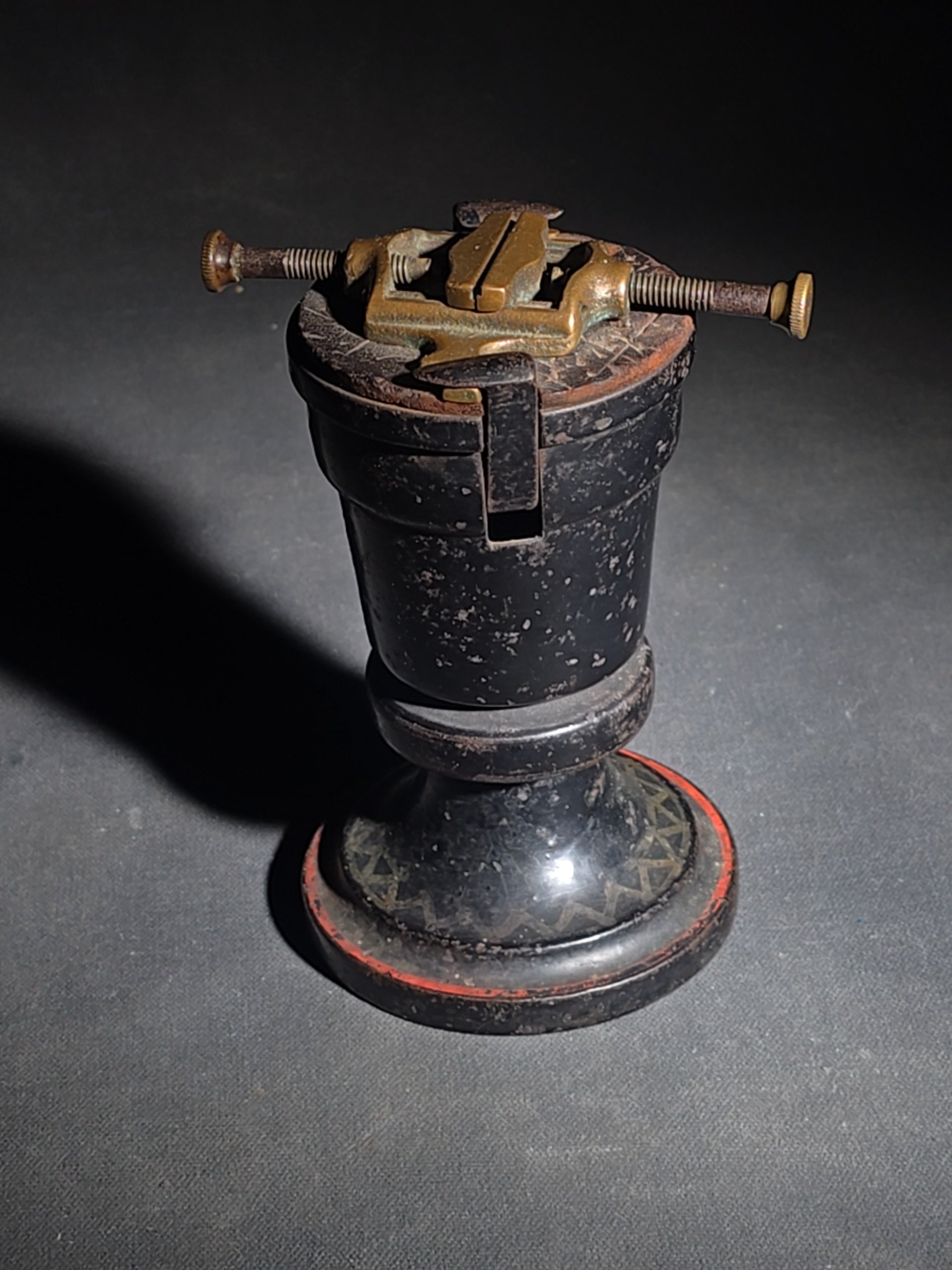 Antique Brass and Cast Iron Watchmaker's Pedestal Vise with Painted and Stenciled Base