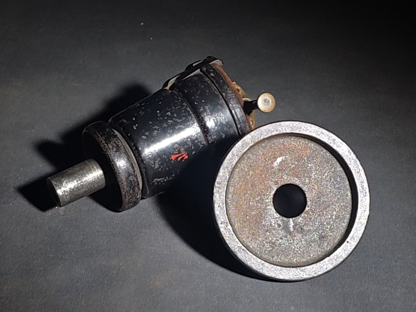 Antique Brass and Cast Iron Watchmaker's Pedestal Vise with Painted and Stenciled Base